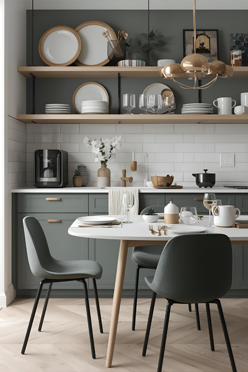Stylish contemporary kitchen nook with muted green cabinetry, open wood shelving, 
      white tile backsplash, gold accents, and a round dining table set for breakfast.